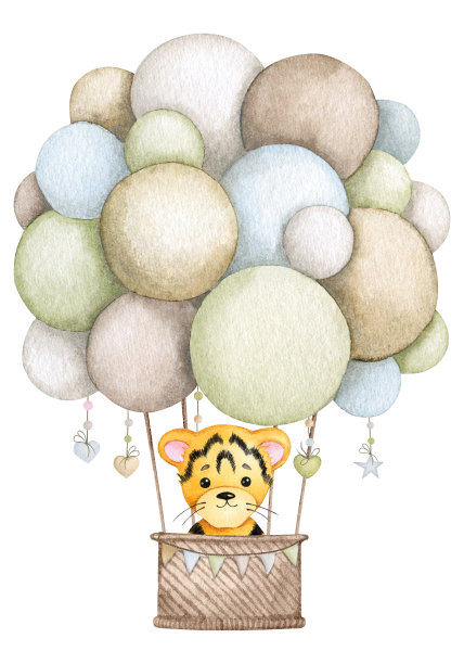 可爱的小老虎在热气球里。儿童水彩插画。婴儿派对，生日派对，儿童派对。设计元素的卡片，海报，横幅，标志，邀请，包装。图片下载