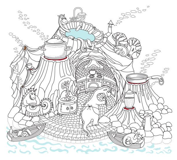 童话般的山景有火山，龙厨在洞中。地热水源，地热能概念。涂色书页图片下载