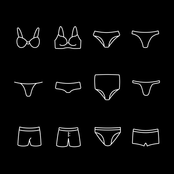 内衣，白线图标。各种款式的内衣。必不可少的时尚和零售主题。黑色背景上的符号。可编辑的中风。图片下载