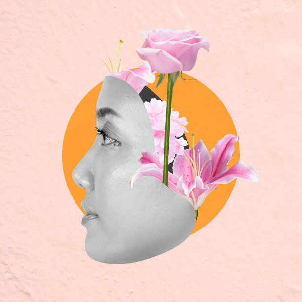 在粉红色的背景上，女人的脸部轮廓上长着花朵图片下载