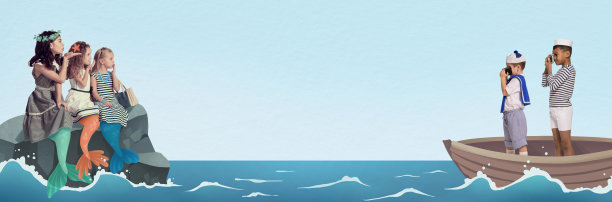 三个美人鱼女孩坐在岩石上，两个穿着水手服的男孩在船上用双筒望远镜看着她们。的想象力。当代艺术拼贴图片下载