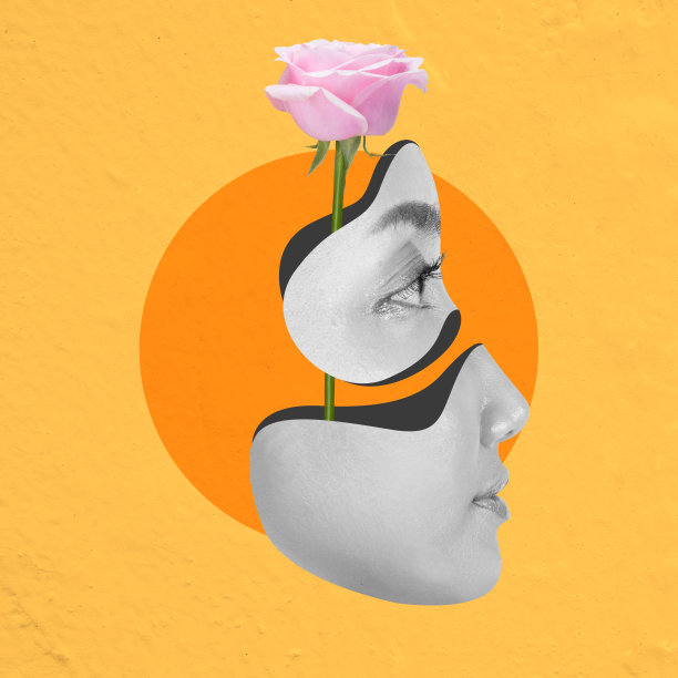 女人脸上长着粉红色的玫瑰从头部当代艺术拼贴画图片下载