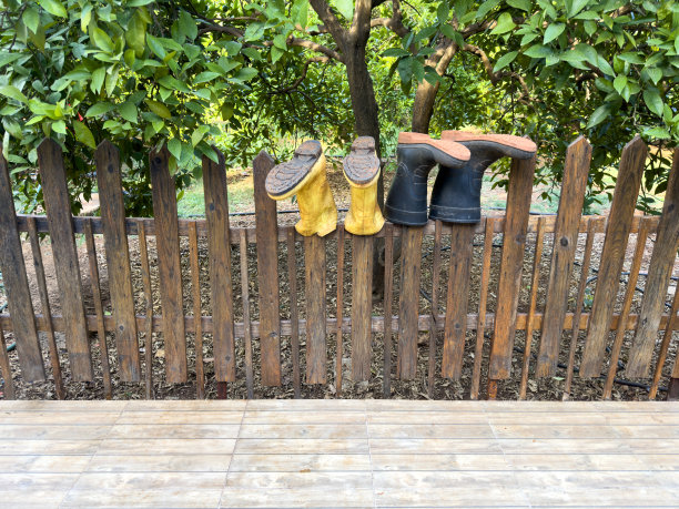 夏天，雨后靴子在花园附近的旧篱笆上晒干了图片下载