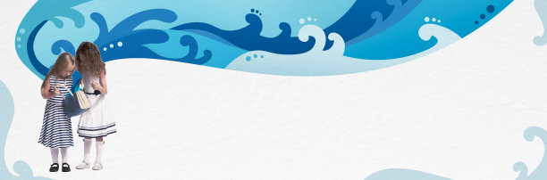 两个穿着水手服的年轻女孩站在一起看书。动画蓝色波浪漩涡的背景。当代艺术拼贴。图片下载