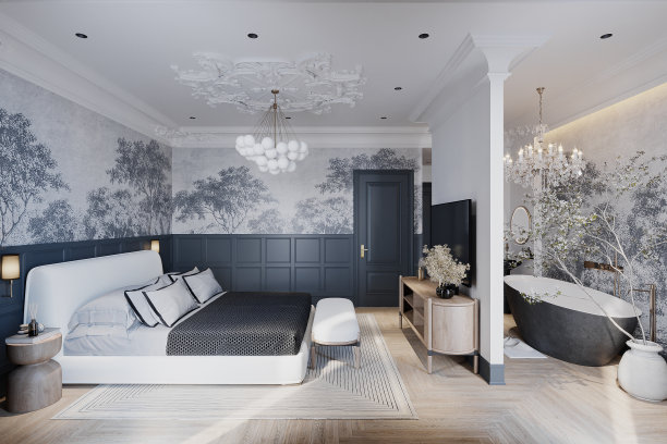 3D视图，其中内部与斯堪的纳维亚风格和中性墙漆也看到一个开放的浴缸，3D渲染图片下载