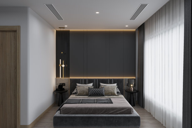 黑色和灰色的特点舒适的床，两侧控制台桌和窗帘与普通窗帘，3D渲染图片下载