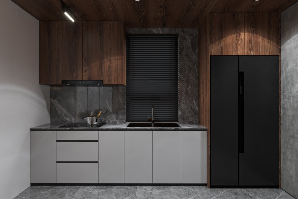 现代厨房中的木制橱柜，白色厨房控制台，黑色冰箱图片下载