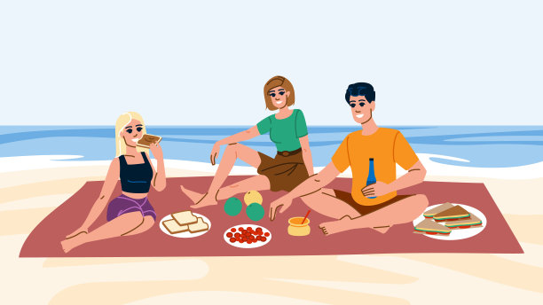 有趣的海滩野餐朋友矢量图片下载
