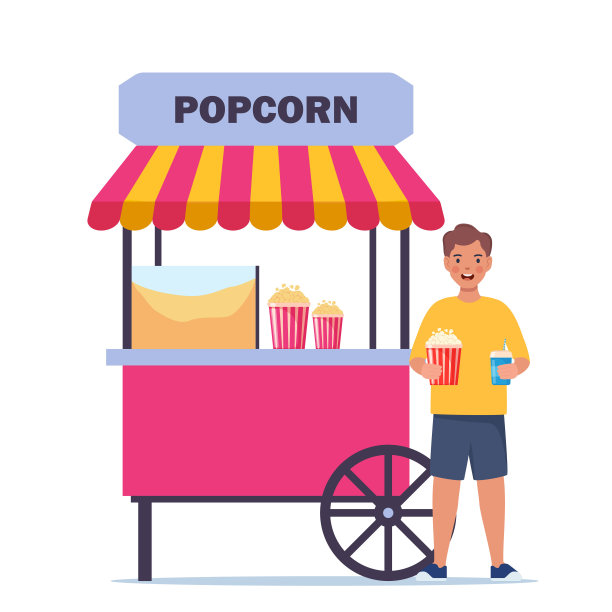 传统嘉年华商业爆米花机推车与帐篷。快乐的孩子在游乐园买爆米花。向量。图片下载