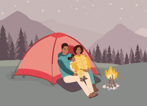 一个黑人家庭在森林里露营。图片下载