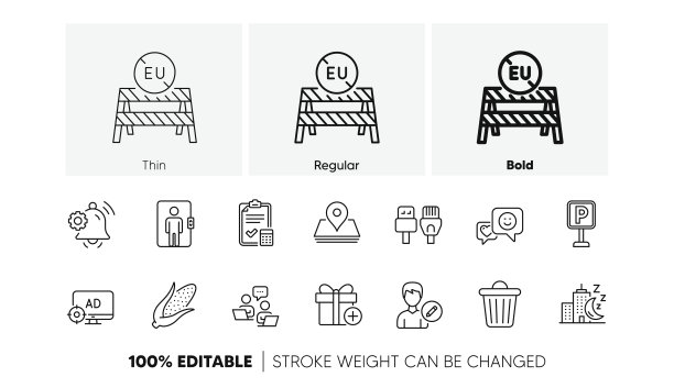 停车，欧盟封闭边界和团队合作线图标。对于web应用程序，打印。行图标。向量图片下载