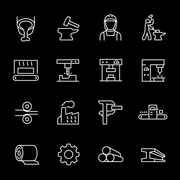 冶金，白线图标。金属生产加工工艺。工业和制造业主题。黑色背景上的符号。可编辑的中风。图片下载