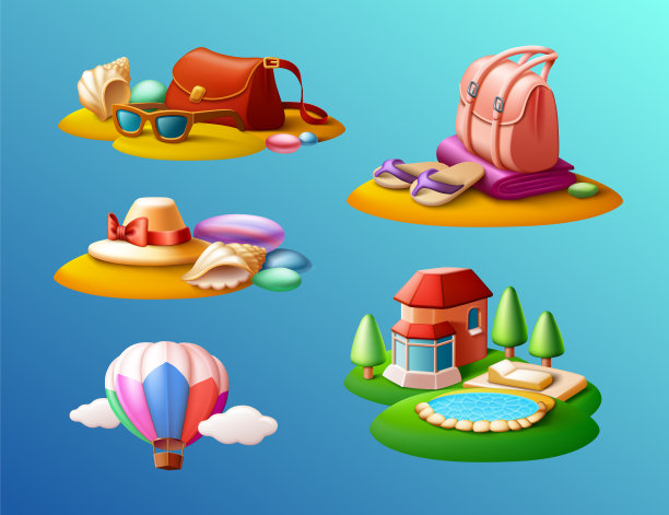 旅行和度假图标集，海滩配件，背包，热气球，和充满活力的3D矢量插图度假屋图片下载