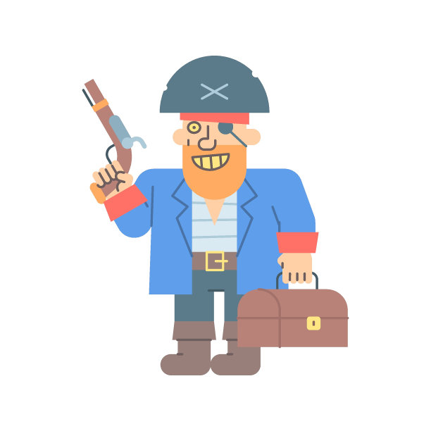 海盗四分之三拿着手枪拿着箱子，面带微笑图片下载