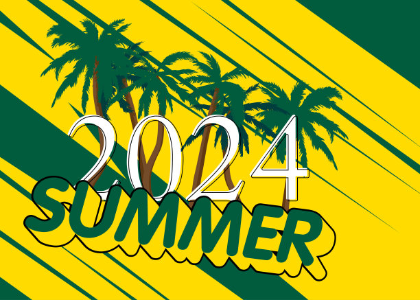 夏天的标志是棕榈树和2024数字。最小的抽象矢量插图。图片下载