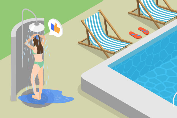 游泳池淋浴的三维等距平面矢量插图图片下载