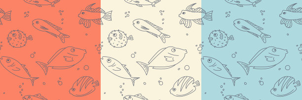 鱼无缝花纹。手绘鱼，线条涂鸦插画。向量图片下载