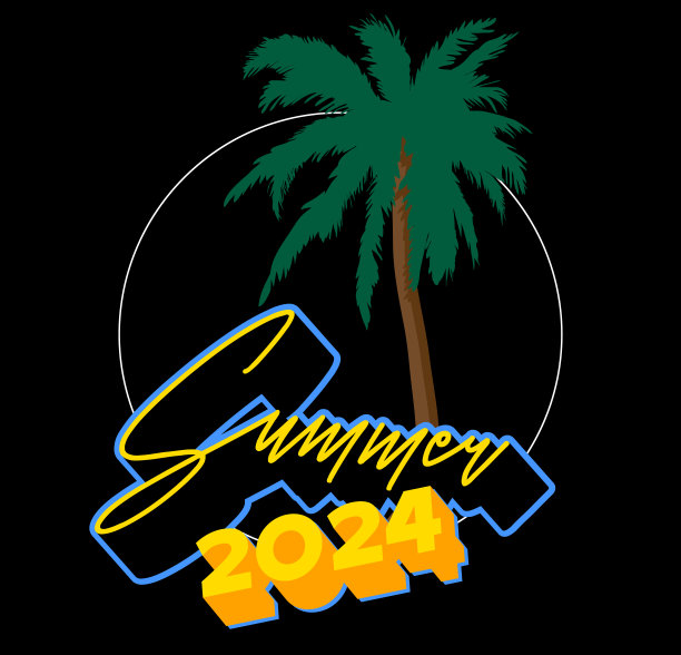 夏天的标志是棕榈树和2024数字。最小的抽象矢量插图。图片下载