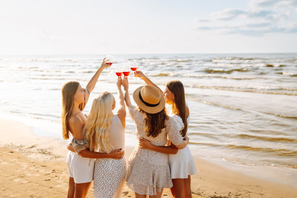 Сompany的女性朋友享受夏日野餐，在海岸线上举杯畅饮图片下载