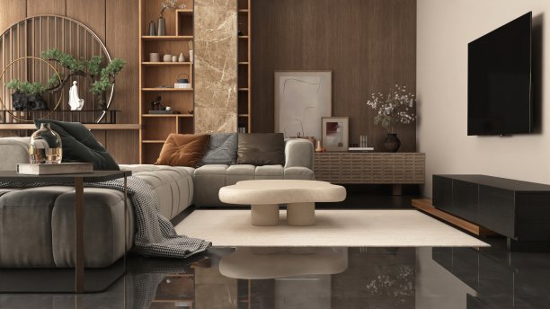 东方，豪华木镶板客厅与沙发，茶几，电视柜在阳光从窗户图片下载