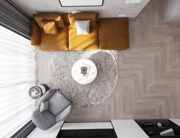 优雅的生活室内俯视图，黄色沙发，泡芙上的咖啡桌，扶手椅，3D渲染图片下载