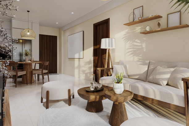 墙壁单元，墙上有展示件和白色模型海报框架，白色舒适的木制沙发，凳子，咖啡桌，精致的生活和用餐空间，3D渲染图片下载