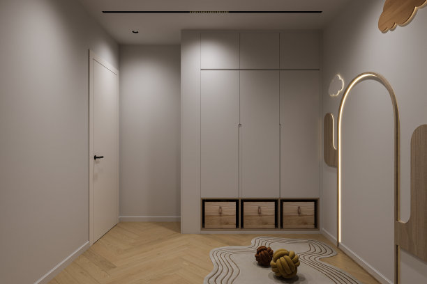 空的空间内部与白色墙壁衣橱，玩具，层压地板，3D渲染图片下载