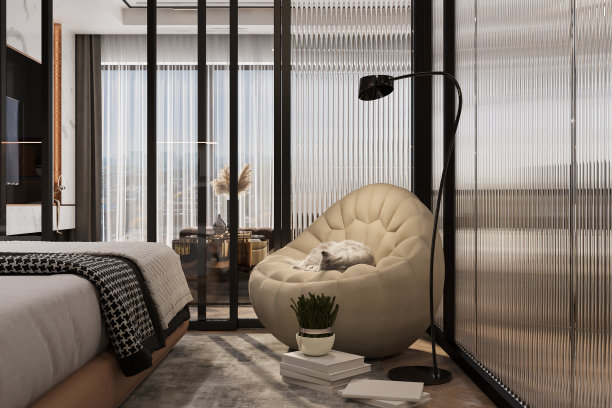 一只猫睡在扶手椅上，光站在卧室的椅子旁，3D渲染图片下载