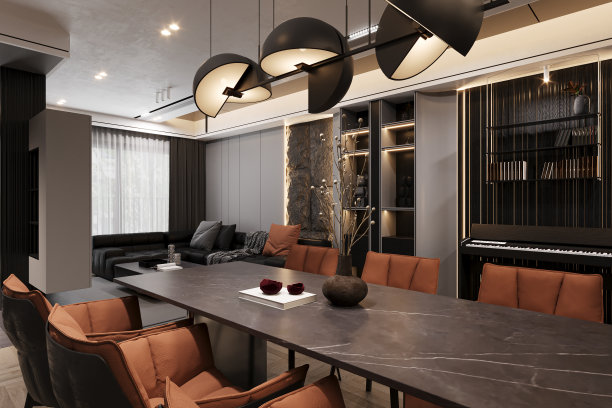 现代餐厅全景图，3D渲染图片下载