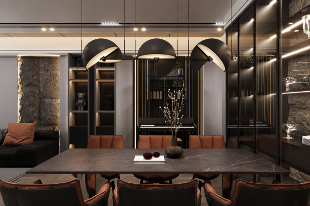 现代餐厅内部，有魅力的桌子，时尚的椅子，和设计装饰。模板、3D渲染图片下载