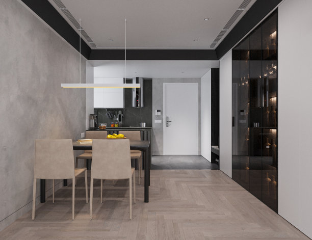 舒适的皮革椅子与大理石桌子，吊坠吊灯挂在天花板上，3D渲染图片下载