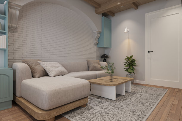 木质和灰色面料模块化沙发，白色砖墙，客厅地毯，3D渲染图片下载