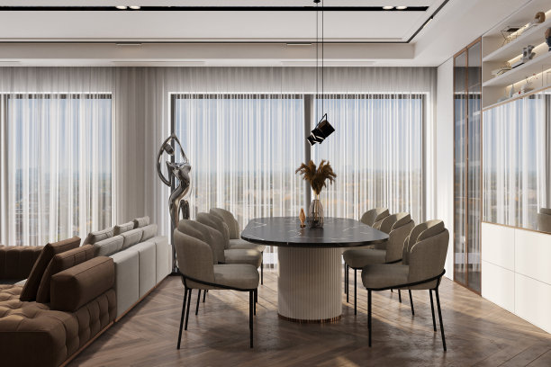 阳光从全景窗进入起居室和餐厅，3D渲染图片下载