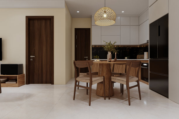 挂在餐厅上方的吊灯，在开放式厨房的冰箱旁边，3D渲染图片下载