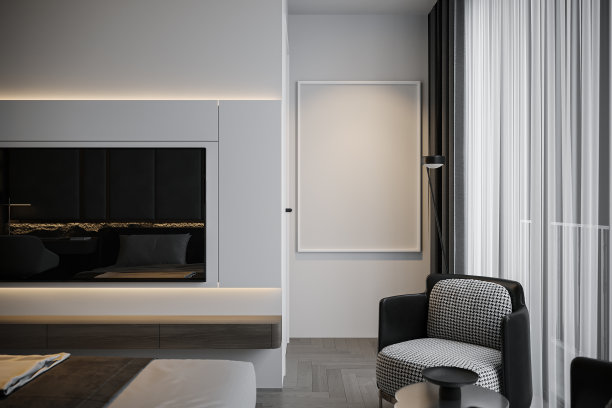 黑白舒适扶手椅和电视挂在电视单元，3D渲染图片下载