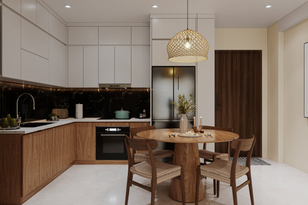 厨房内部有木制家具和白色橱柜，3D渲染图片下载