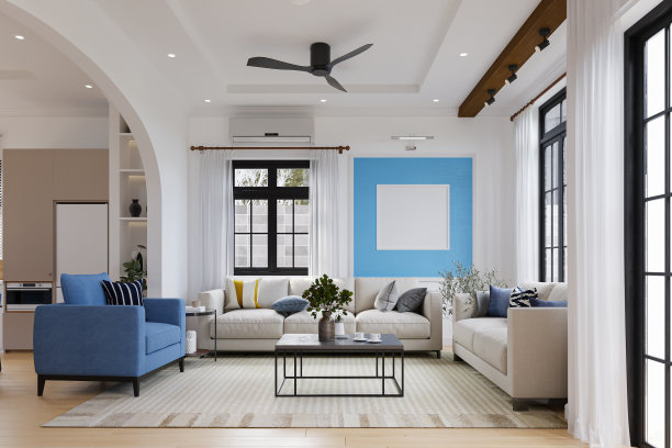 波西米亚风格的客厅室内与自然的色调和流行的颜色随着时尚的沙发。三维渲染图片下载