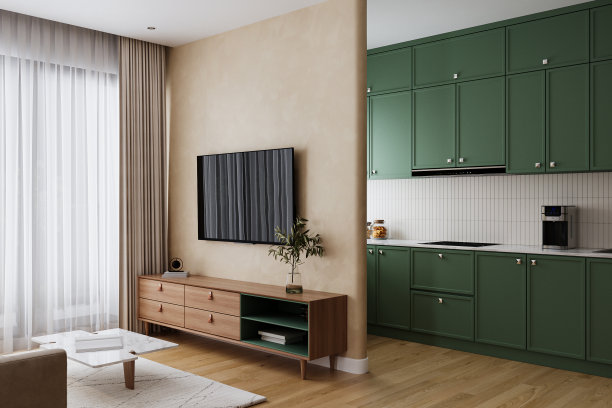 开放式厨房的极简主义室内设计，客厅后面有一个绿色橱柜，配有电视控制台，3D渲染图片下载