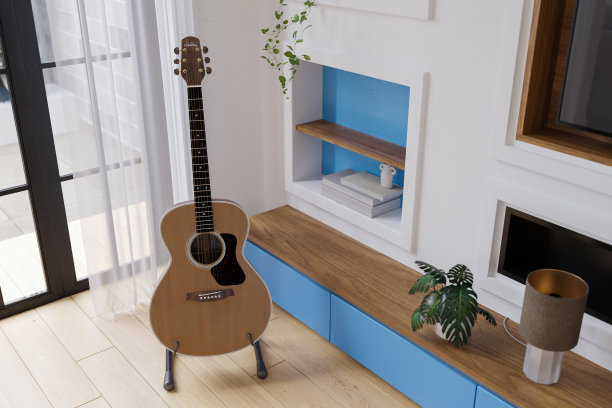 一把吉他放在电视柜旁边，也靠近全景窗。三维渲染图片下载