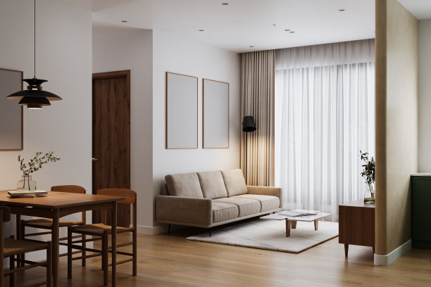 用餐和起居空间概览，室内极简主义风格，3D渲染图片下载