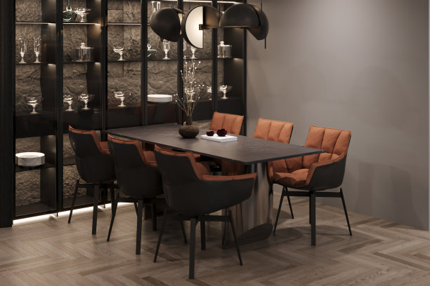 棕色和黑色舒适的皮革椅子与黑色大理石和不锈钢桌子和墙展示在餐厅，3D渲染图片下载