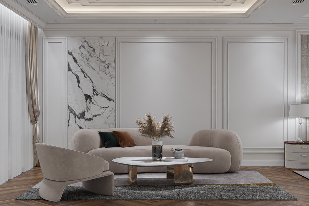 极简主义的现代室内设计，时尚的沙发和扶手椅放置在卧室，3D渲染图片下载