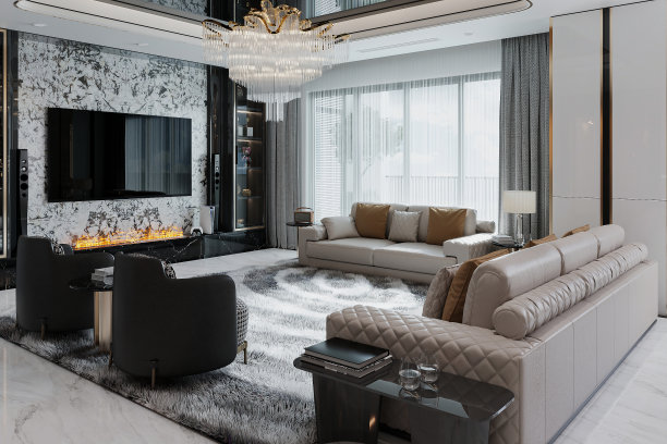 一间带窗户和设计师家具的现代古典风格的客厅。三维渲染图片下载