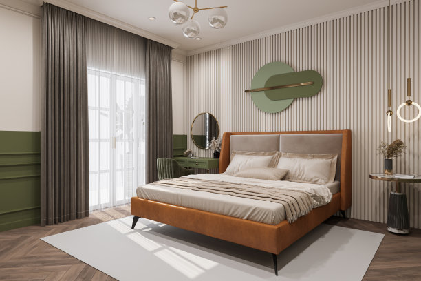 现代卧室内部与现代家具，白色和绿色装饰3D渲染图片下载