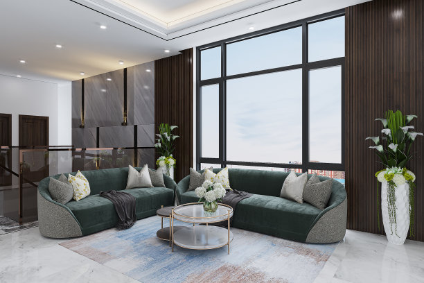 室内有一个绿色的时尚沙发，上面有花，窗户旁边有一张咖啡桌。三维渲染图片下载