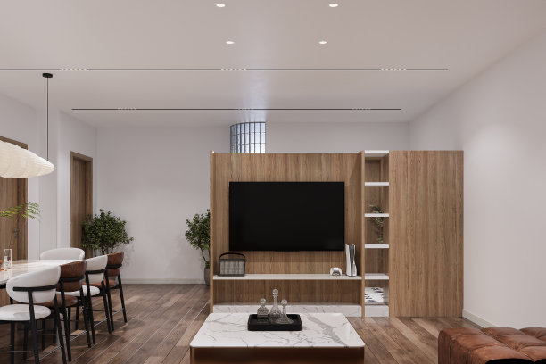 现代极简主义室内与木制墙壁电视面板，电视，植物植物和墙壁油漆。三维渲染图片下载
