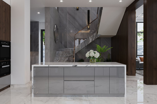 阁楼式复式公寓住宅中的开放式厨房。三维渲染图片下载