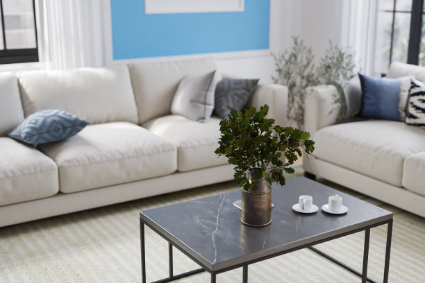 纯天然植物放入花瓶和茶几上的茶杯中。三维渲染图片下载