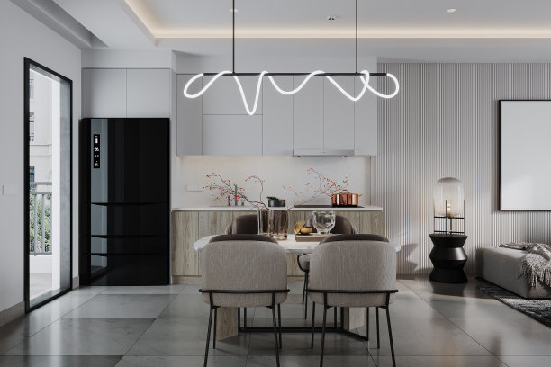 一室公寓的整体视图，开放式厨房，餐厅和客厅室内与精致的家具，3D渲染图片下载