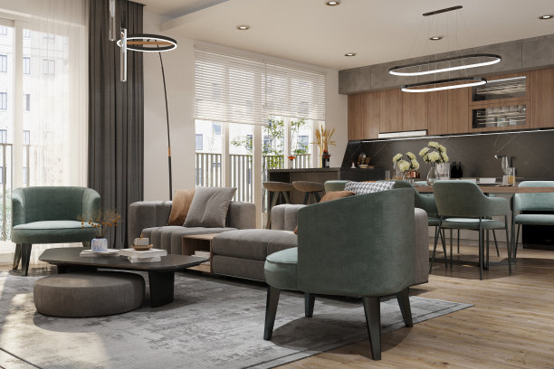 阳光从阳台门射入客厅和厨房。三维渲染图片下载